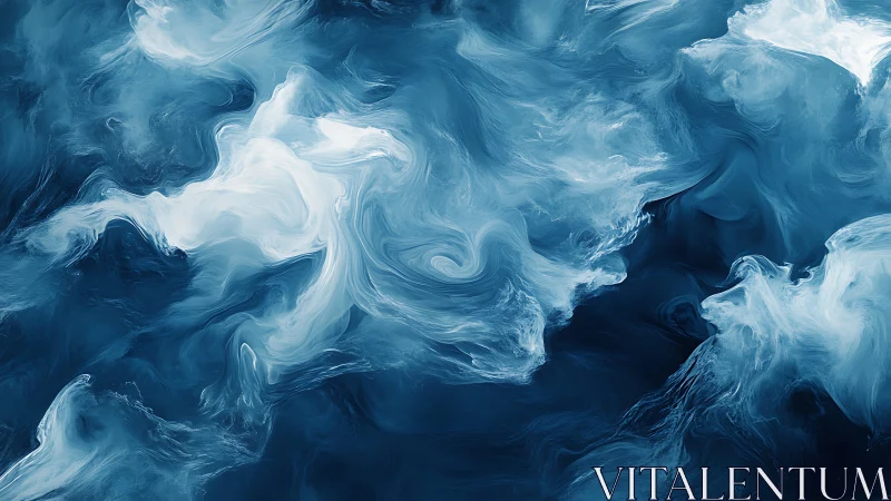 Abstract fluid dynamics study in blue and white digital painting