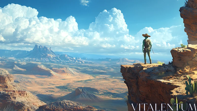 Lone wanderer surveys sunlit desert canyon under vast clouds