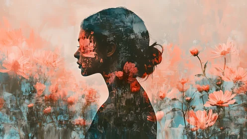 Silhouetted woman blended with abstract coral flowers.