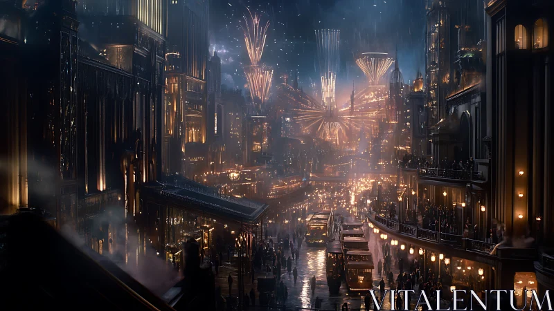 Futuristic city boulevard under glowing night fireworks.