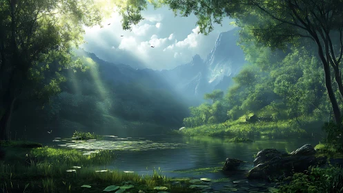 Volumetric light over alpine forest lagoon, high-fidelity render.
