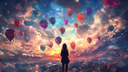 Girl watching hot air balloons over glowing sunset city.