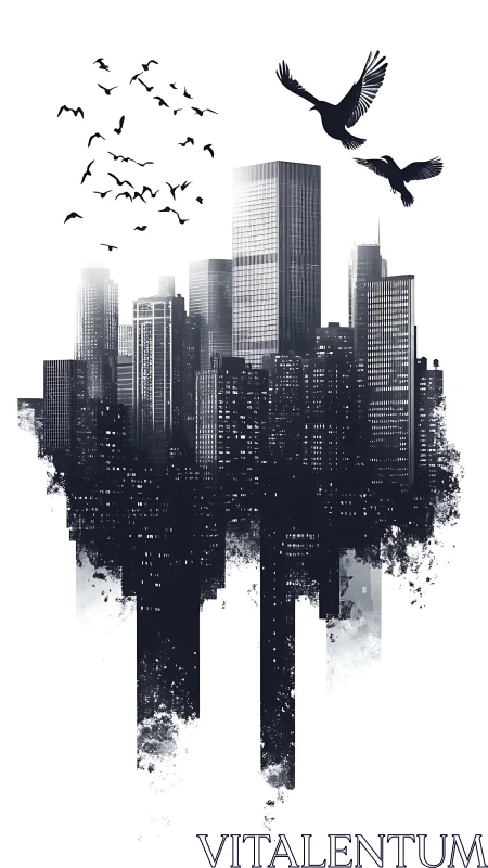 Urban skyline mirrored with soaring birds in monochrome ink.