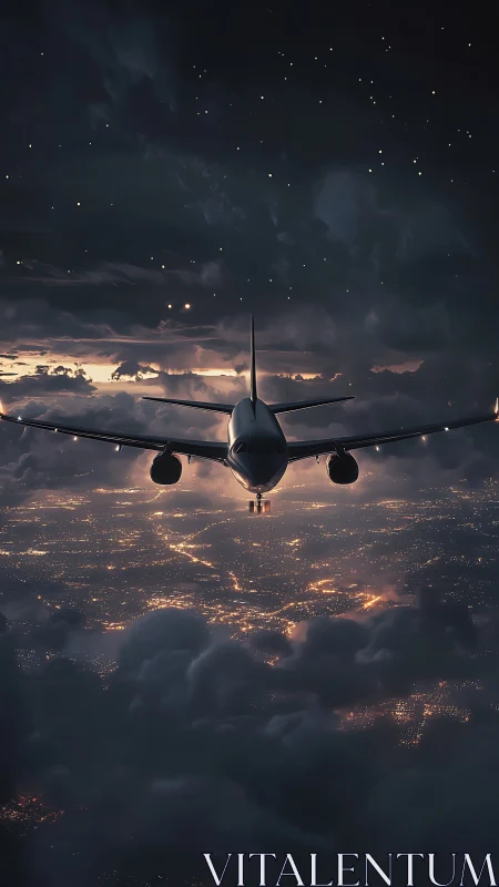 Night airliner crossing storm clouds above glowing city.