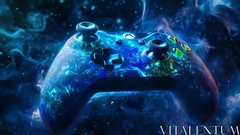 Glowing Xbox style controller floating in blue cosmic mist.