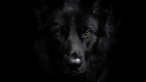 Black shepherd dog stares from the shadows with fierce calm