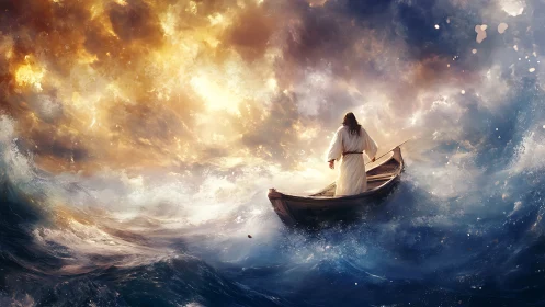 Storm-lit wanderer steering a lone boat through roaring sea.