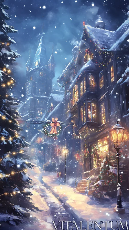 Snow-laden medieval street glows with warm festive illumination