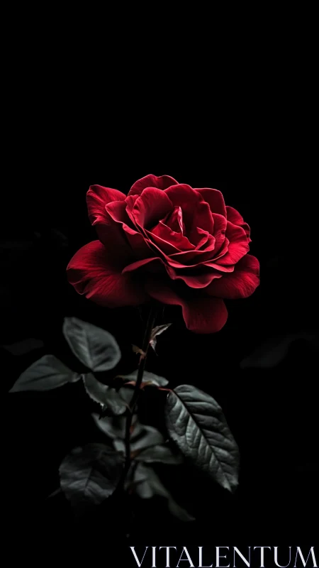 Crimson rose against darkness with dramatic backlighting.