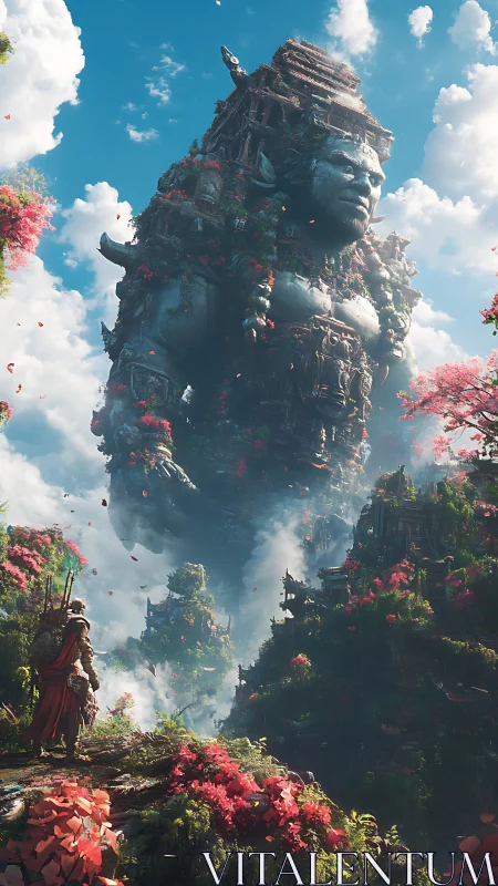 Colossal stone titan overgrown with temples towers above valley