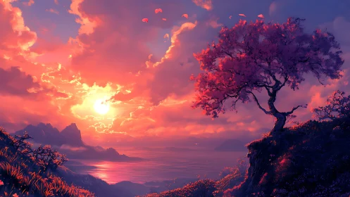 Lonely blossom tree glows above a radiant dreamlike sea
