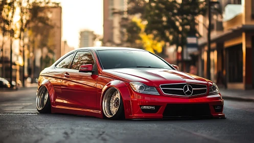 Stanced red Mercedes coupe sits low on empty city street