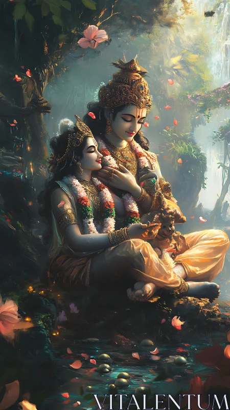 Divine couple in jeweled crowns beside luminous forest pool