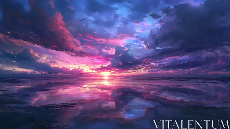 Radiant ocean sunset reflects vivid violet and pink clouds.