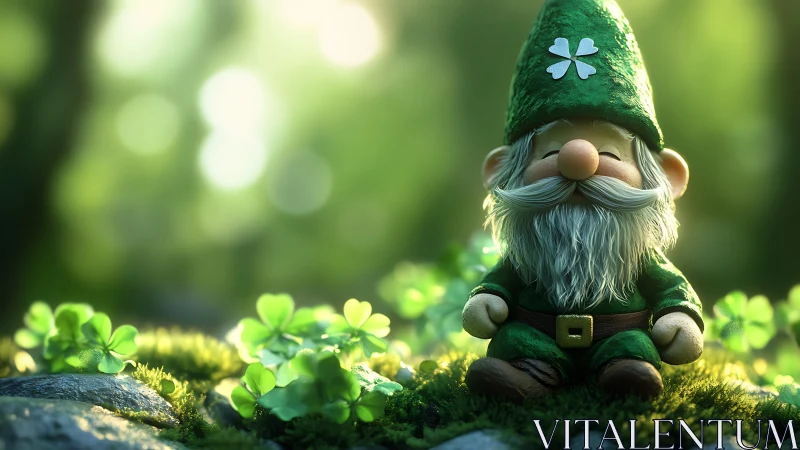 3D stylized forest gnome with clover iconography and bokeh depth.