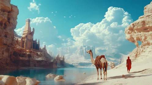 Camel pilgrim crossing dreamlit desert river to carved citadel.