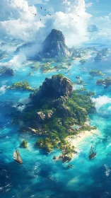 Archipelago landscape featuring dramatic volcanic peaks amid turquoise waters.