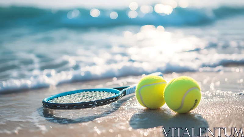 Tennis racket and balls rest on wet shoreline in soft bokeh light