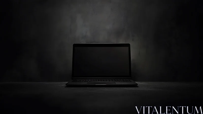 Silent laptop glows faintly in a brooding digital void.