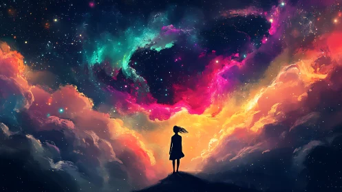 Silhouette of solitary figure beneath multicolored cosmic sky.