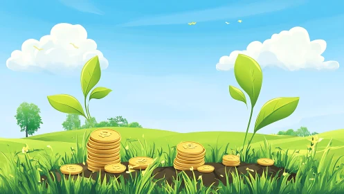 Sunny meadow of growing coins and hopeful green seedlings.