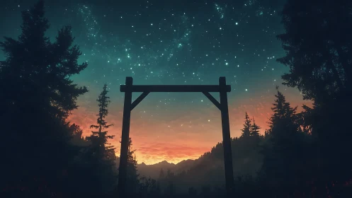 Starlit forest gate welcomes sunset over distant peaks