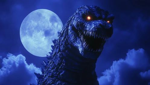 Moonlit kaiju roar under a thunderblue monster midnight sky.