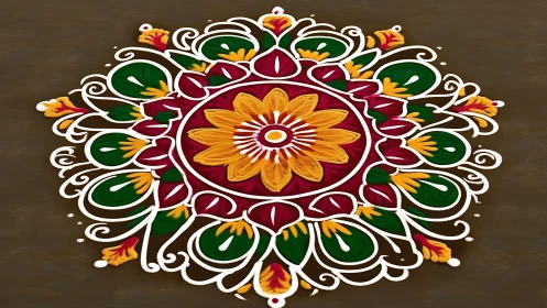 Intricate floral rangoli mandala with bold festive symmetry.