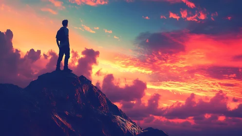 Sunset summit pause with sky painted in blazing color.