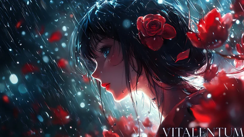 Girl with red roses stands in luminous rain at night