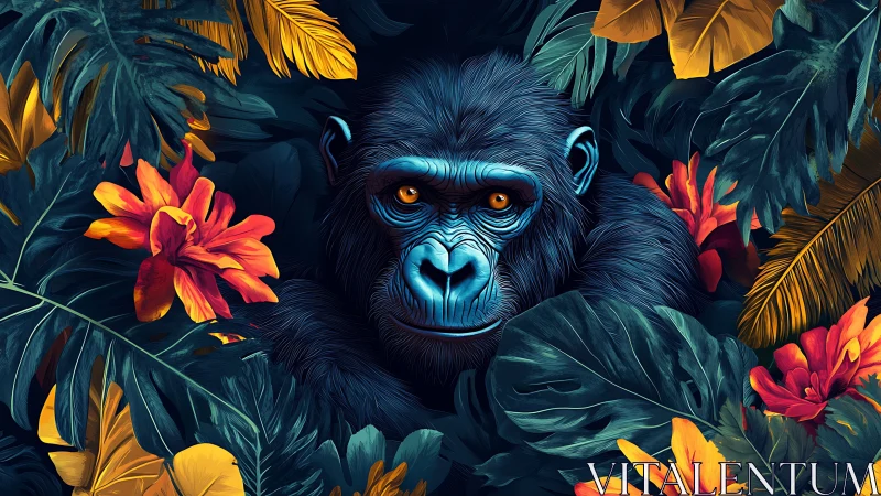 Digital rendering shows blue-toned gorilla amid dense foliage