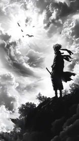 Lone warrior silhouette gazes into radiant storm clouds.