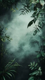 Vertical misty rainforest foliage frame with diffused teal haze