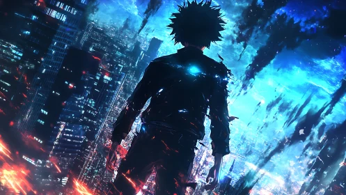 Lone neon sentinel surveying a fractured electric skyline.