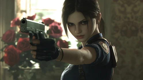 Gunmetal gaze and velvet roses in a tense standoff tableau.