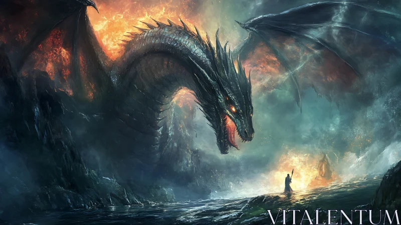 Colossal fire dragon confronts lone mage in stormlit gulf.