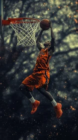 Digital painting of dynamic basketball dunk in cosmic arena.