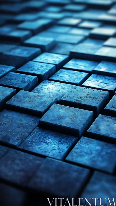 Layered metallic blue cubes recede in shallow depth of field