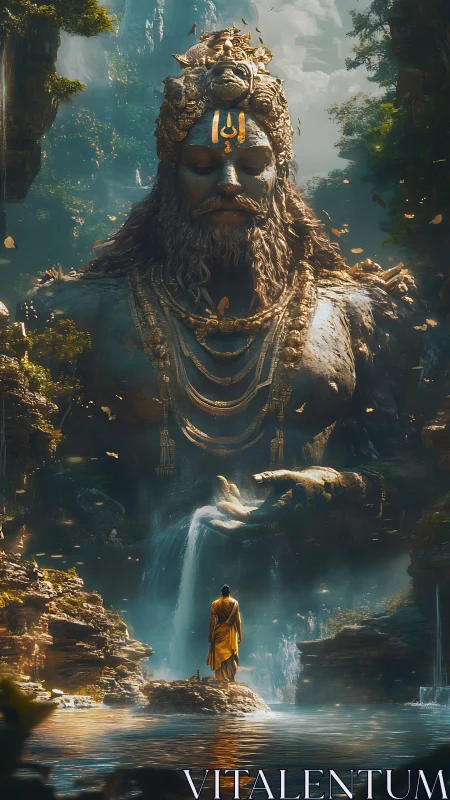 Colossal stone deity statue above monk in misty canyon.