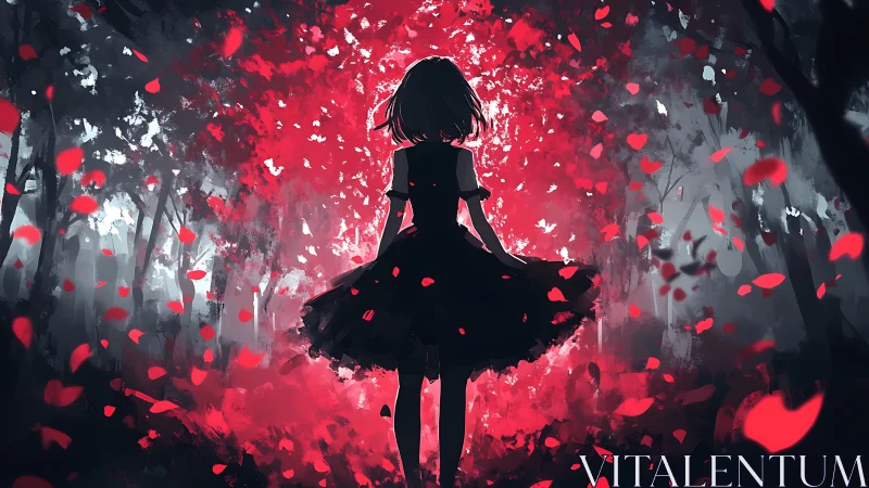 Girl in a glowing red forest of swirling petals at dusk.