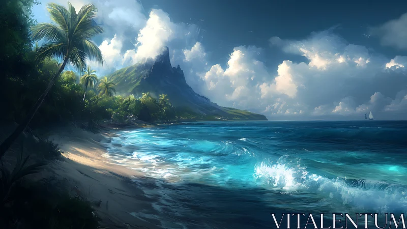 Paradise Island Beach With Dramatic Mountain Peak