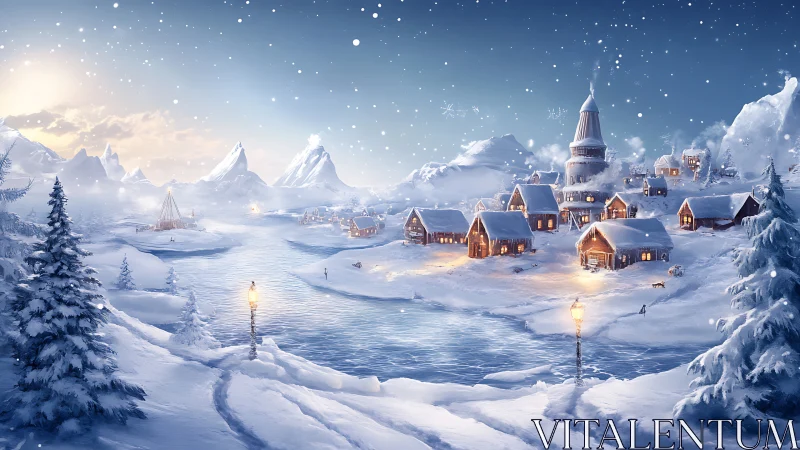 Snow-kissed village hums softly beneath lantern-lit skies
