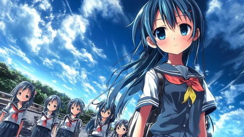 Multiple uniformed schoolgirls stand outdoors under blue sky
