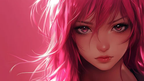 Pink haired anime girl with luminous eyes in close portrait.