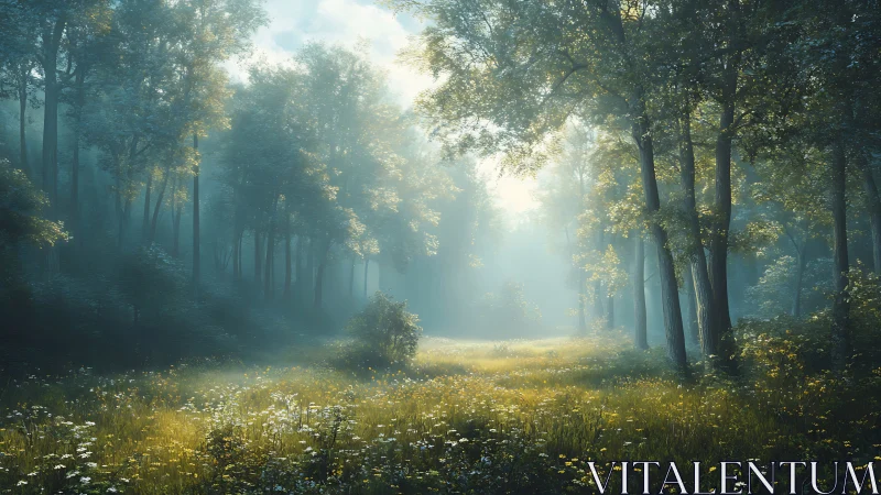 Forest path with sunlight filtering through tall trees and meadow