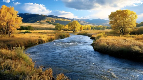 Photorealistic autumn river valley with layered mountain backdrop.