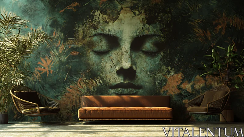 Dreamlike nature mural embracing a cozy modern lounge.
