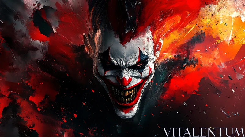Sinister clown erupts from flaming chaos in vivid reds