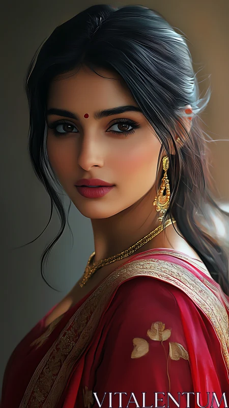 Elegant woman in red saree gazes softly at viewer.