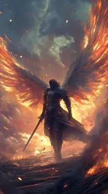 Armored seraph emerging through apocalyptic firestorm sky.